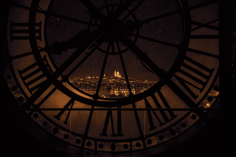 Musée d'Orsay clock at night with Paris lights